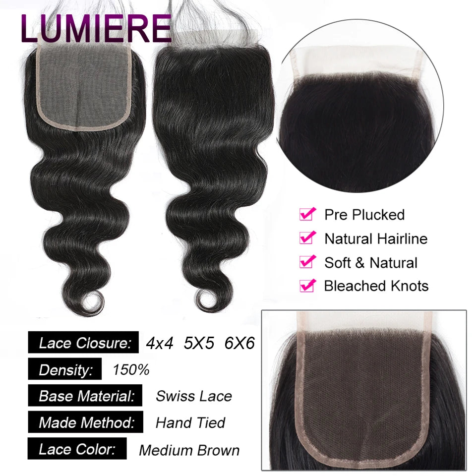 Body Wave Human Hair Bundles with Closure Frontal 5x5 6x6 HD Transparent 100% Virgin Human Hair Weave 3/4 Bundles with Closure