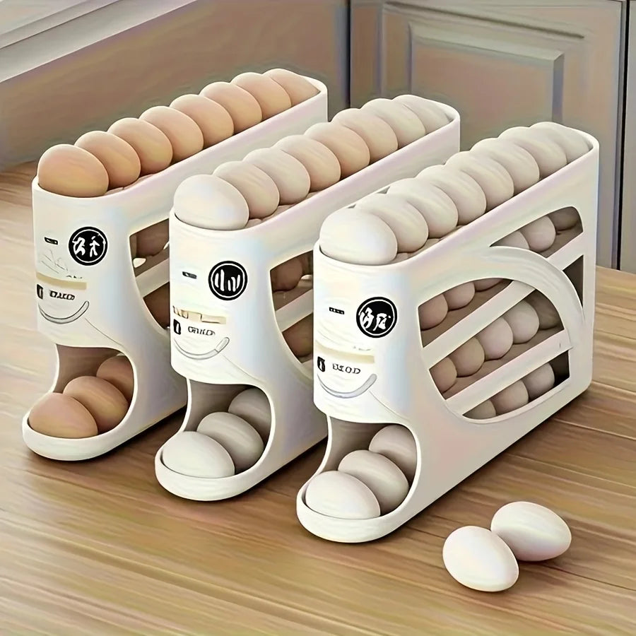 1PC refrigerator automatic egg rack filler. Automatically slides down. Saves effort and space. Large capacity stackable egg