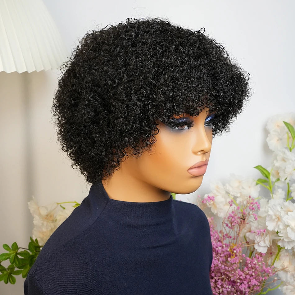 Afro Kinky Curly Human Hair Wig Short Afro Bob for Black Women with Bangs Brazilian Human Hair Wigs Machine Made Pre Plucked