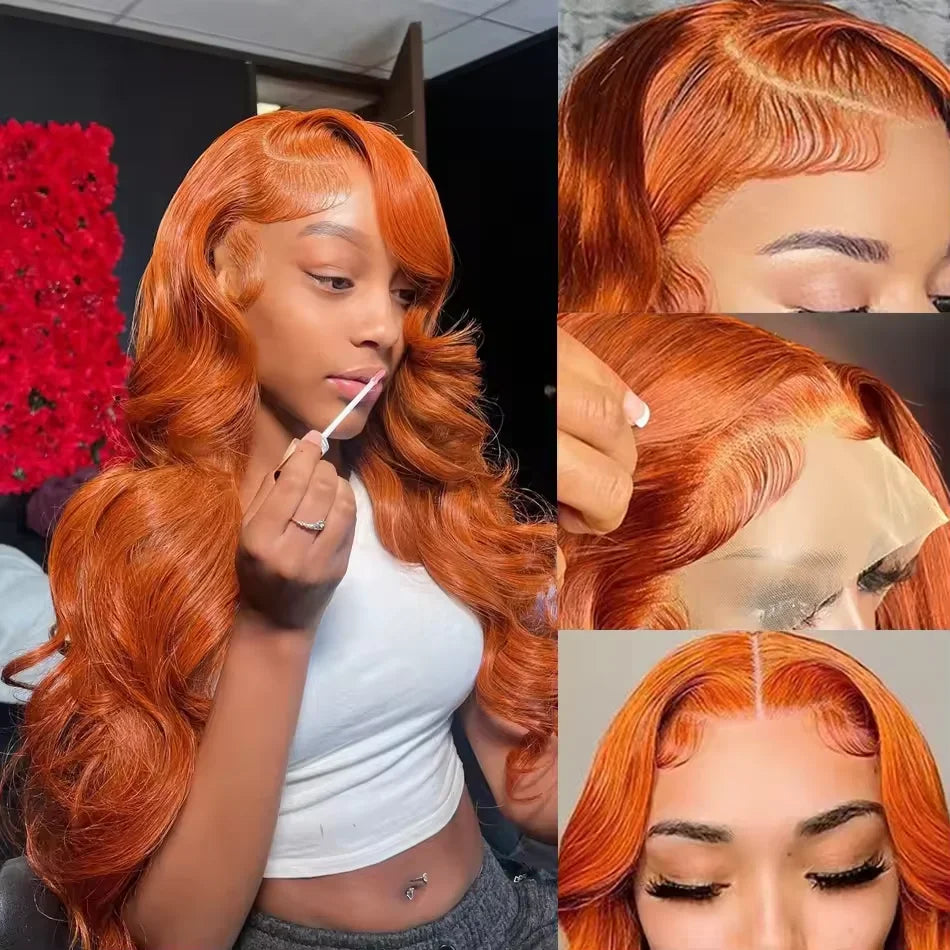 30 Inch Ginger Orange Body Wave Lace Frontal Wig Synthetic HD 13x4 Lace Front Wig Glueless 200 Density Lace Wigs Cosplay wigs