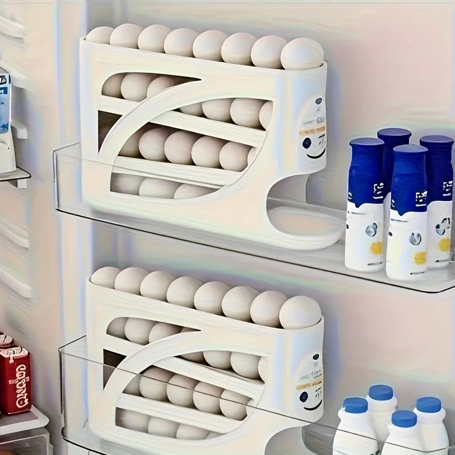 1PC refrigerator automatic egg rack filler. Automatically slides down. Saves effort and space. Large capacity stackable egg