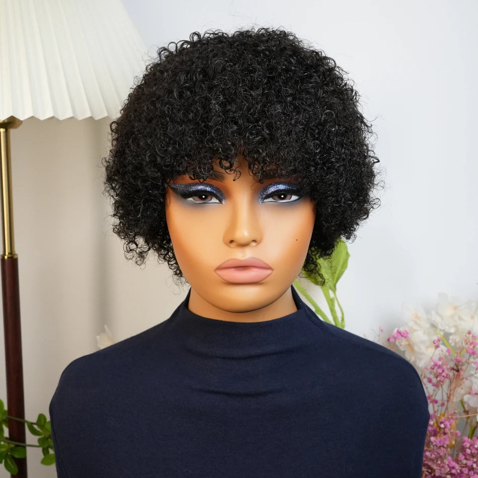 Afro Kinky Curly Human Hair Wig Short Afro Bob for Black Women with Bangs Brazilian Human Hair Wigs Machine Made Pre Plucked
