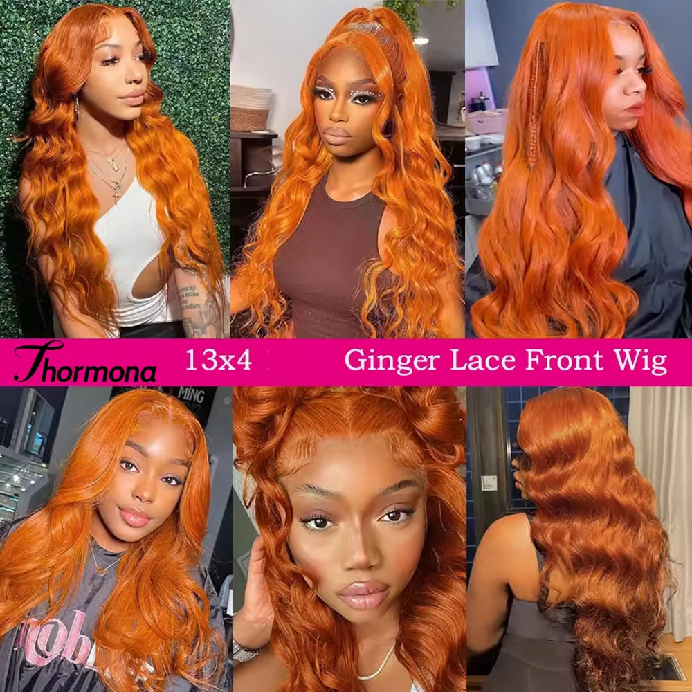 30 Inch Ginger Orange Body Wave Lace Frontal Wig Synthetic HD 13x4 Lace Front Wig Glueless 200 Density Lace Wigs Cosplay wigs
