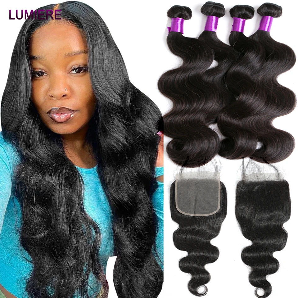 Body Wave Human Hair Bundles with Closure Frontal 5x5 6x6 HD Transparent 100% Virgin Human Hair Weave 3/4 Bundles with Closure