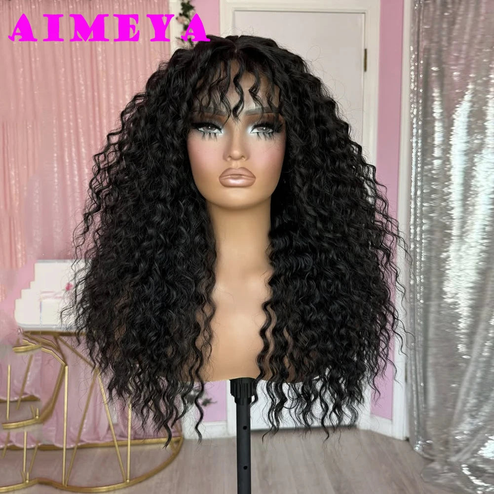 AIMEYA Black Long Curly Synthetic Lace Front Wig for Women 13x4 Glueless Natural Hairline Synthetic Hair Wig Daily Use Cosplay