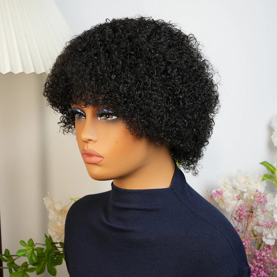 Afro Kinky Curly Human Hair Wig Short Afro Bob for Black Women with Bangs Brazilian Human Hair Wigs Machine Made Pre Plucked