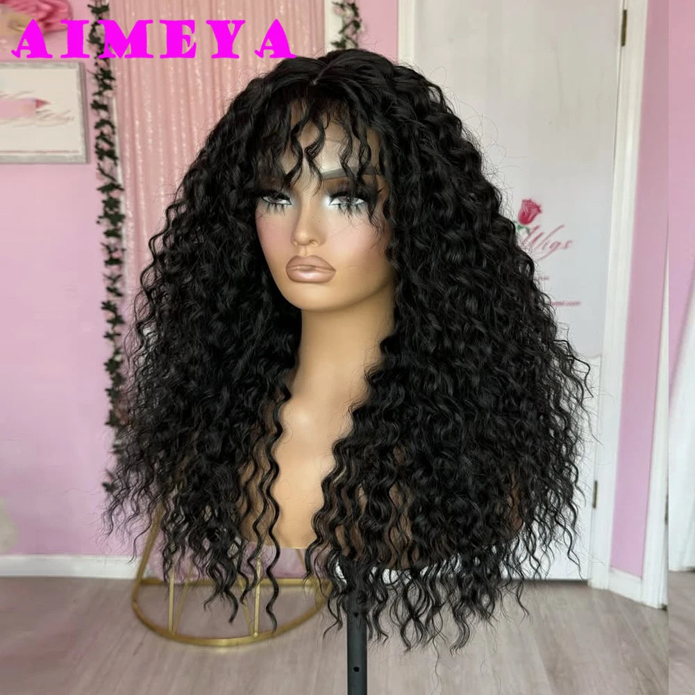 AIMEYA Black Long Curly Synthetic Lace Front Wig for Women 13x4 Glueless Natural Hairline Synthetic Hair Wig Daily Use Cosplay